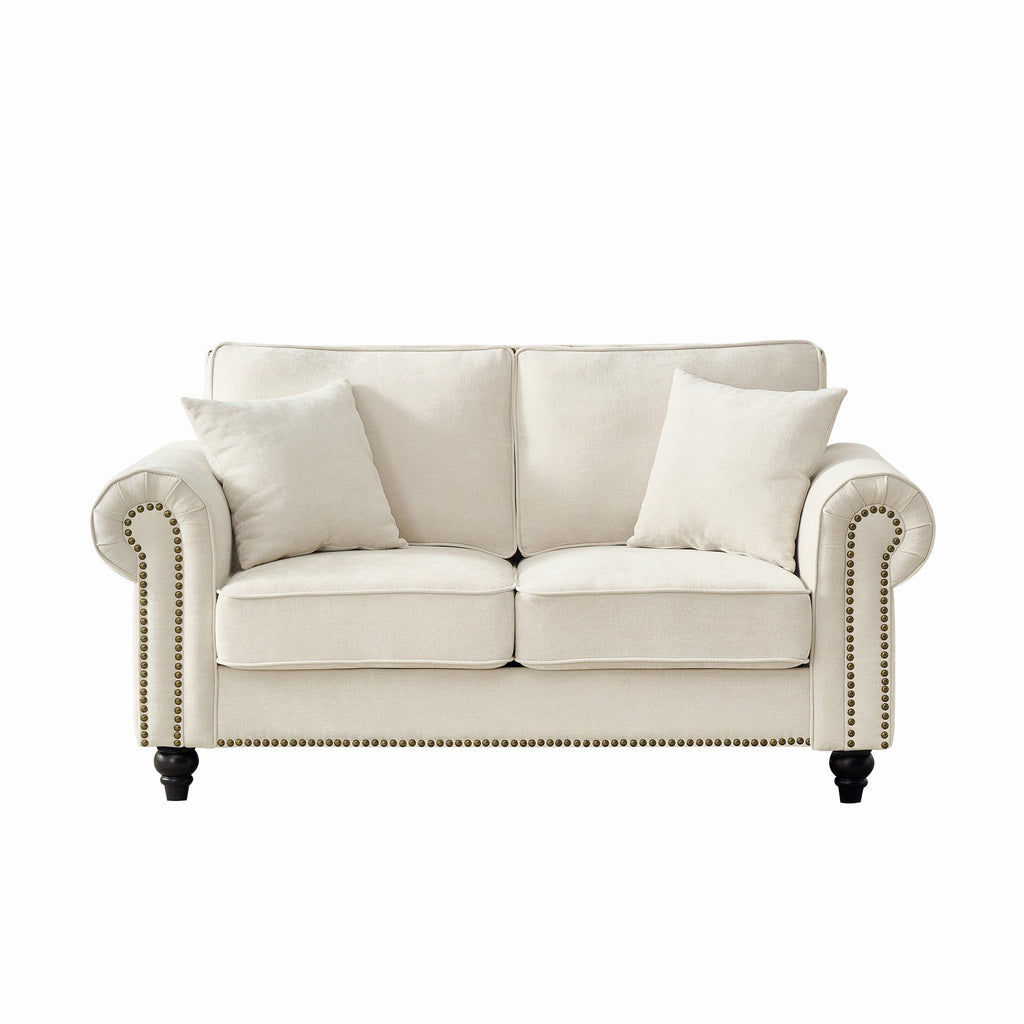 Modern 2-Seater Sofa with Rolled Arms, Tufted Upholstery, Wood Legs, Nailhead Trim, Beige Fabric, 63' - Grand Goldman Shop