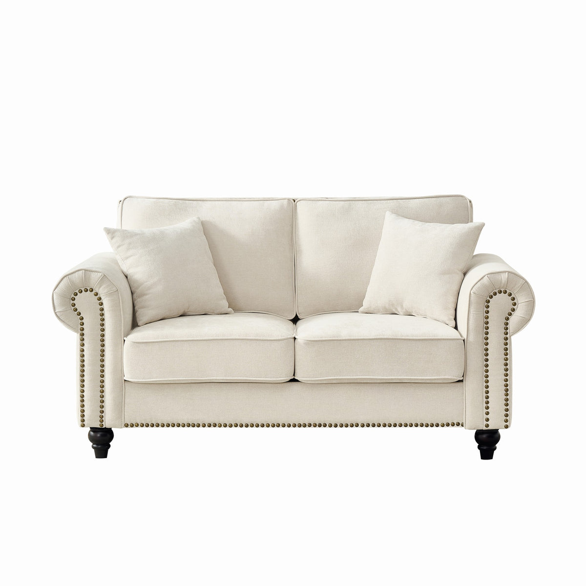 Modern 2-Seater Sofa with Rolled Arms, Tufted Upholstery, Wood Legs, Nailhead Trim, Beige Fabric, 63' - Grand Goldman Shop