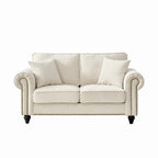 Modern 2-Seater Sofa with Rolled Arms, Tufted Upholstery, Wood Legs, Nailhead Trim, Beige Fabric, 63' - Grand Goldman Shop