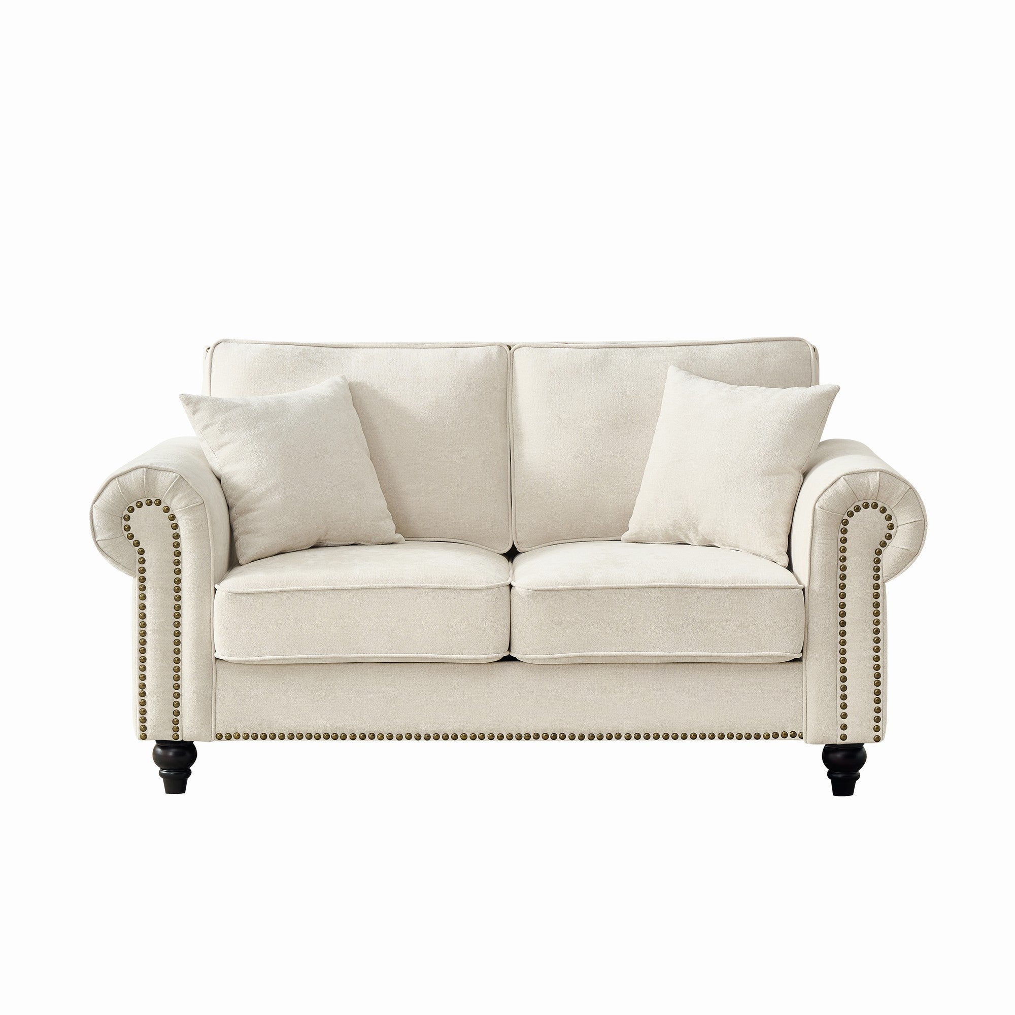 Modern 2-Seater Sofa with Rolled Arms, Tufted Upholstery, Wood Legs, Nailhead Trim, Beige Fabric, 63' - Grand Goldman Shop