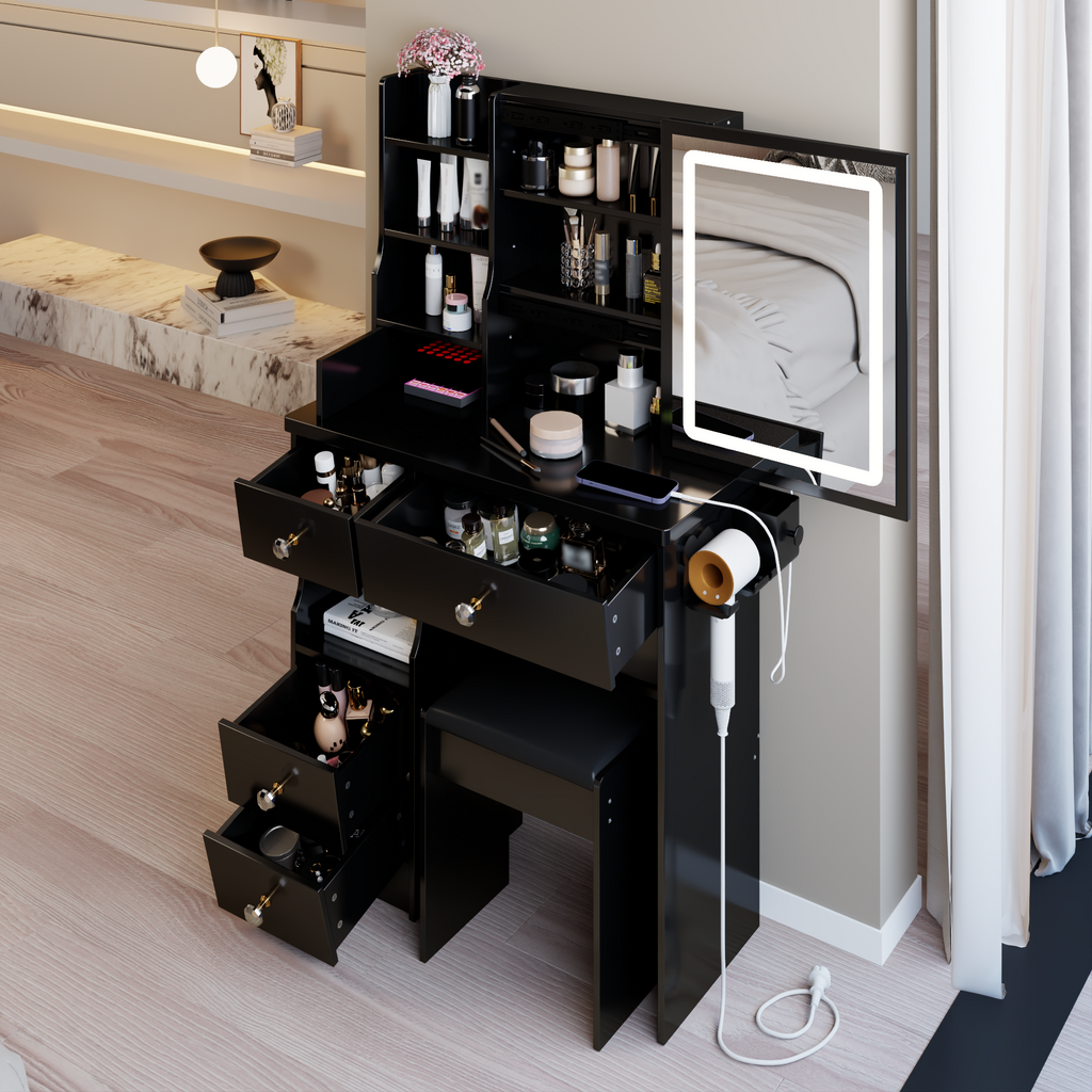 29.2' Small Size Left Drawer Desktop Vanity Table + Cushioned Stool, 2 AC+2 USB Power Station, Hair dryer bracket, Extra Large Touch Control Sliding LED Mirror, Tri-color Switching, Brightness Adjust - Grand Goldman Shop