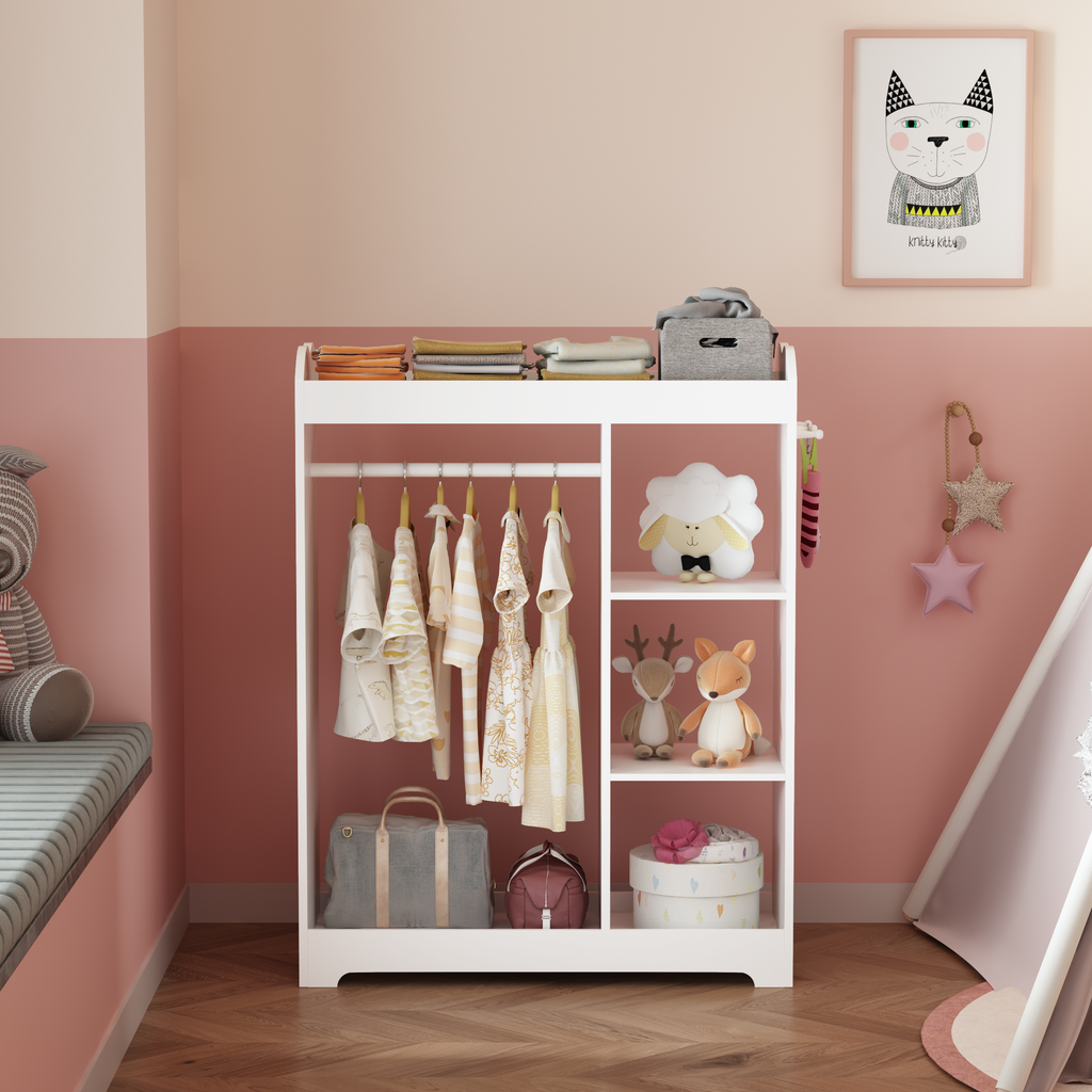 Kids Dress Up Storage with Mirror and Hooks, Wooden Dress Up Clothes Rack with Hanging Rod, 3 Side Hooks, Storage Shelves and