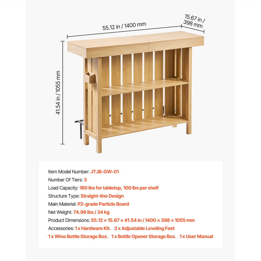 Home Bar Unit, Wine Bar Cabinet Table 3-Tier with Storage Shelves, Opener Storage Box & Adjustable Foot Pads, Black Footrest, Wood & Metal Liquor Cabinet for Home, Basement, Kitchen, Living Room - Grand Goldman Shop