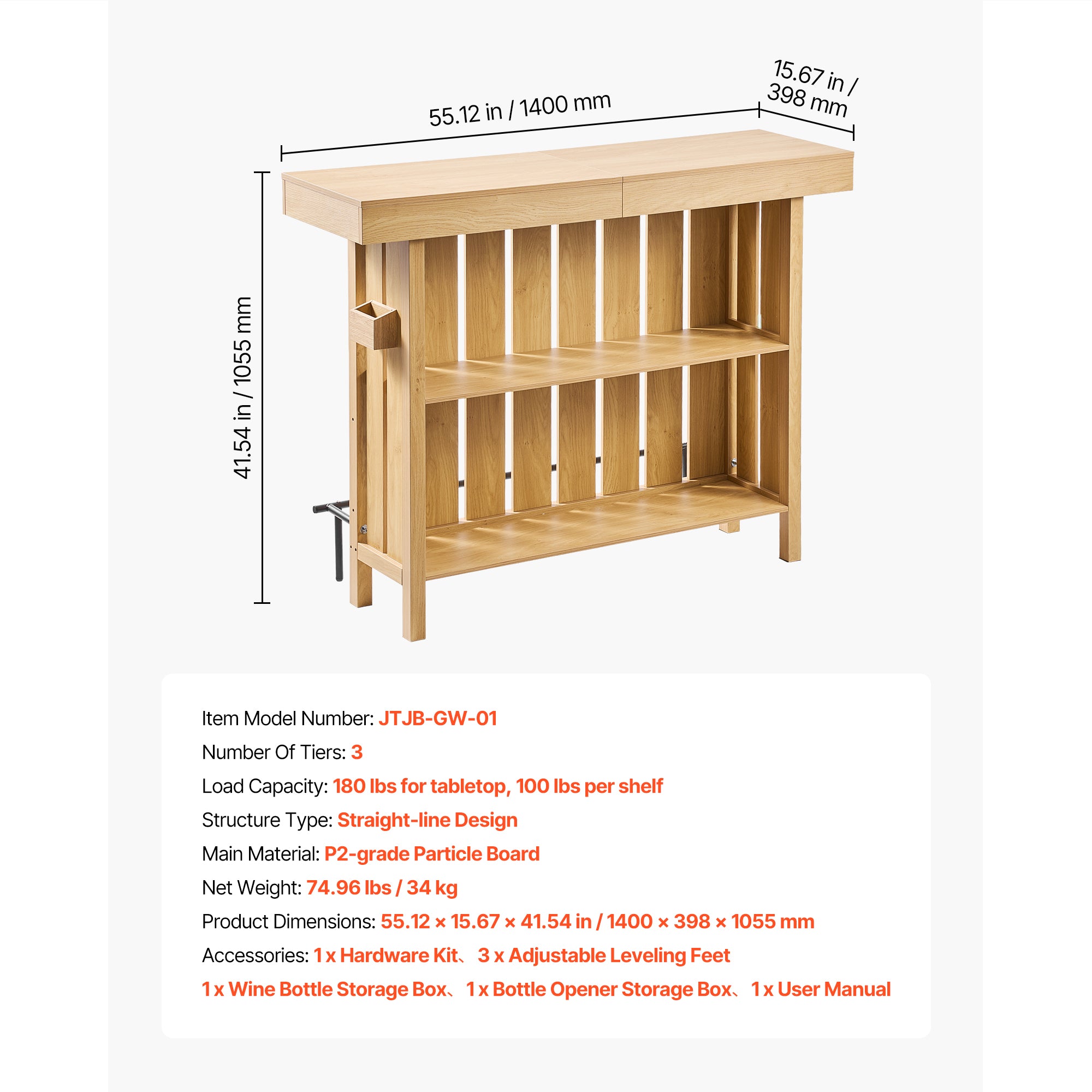 Home Bar Unit, Wine Bar Cabinet Table 3-Tier with Storage Shelves, Opener Storage Box & Adjustable Foot Pads, Black Footrest, Wood & Metal Liquor Cabinet for Home, Basement, Kitchen, Living Room - Grand Goldman Shop
