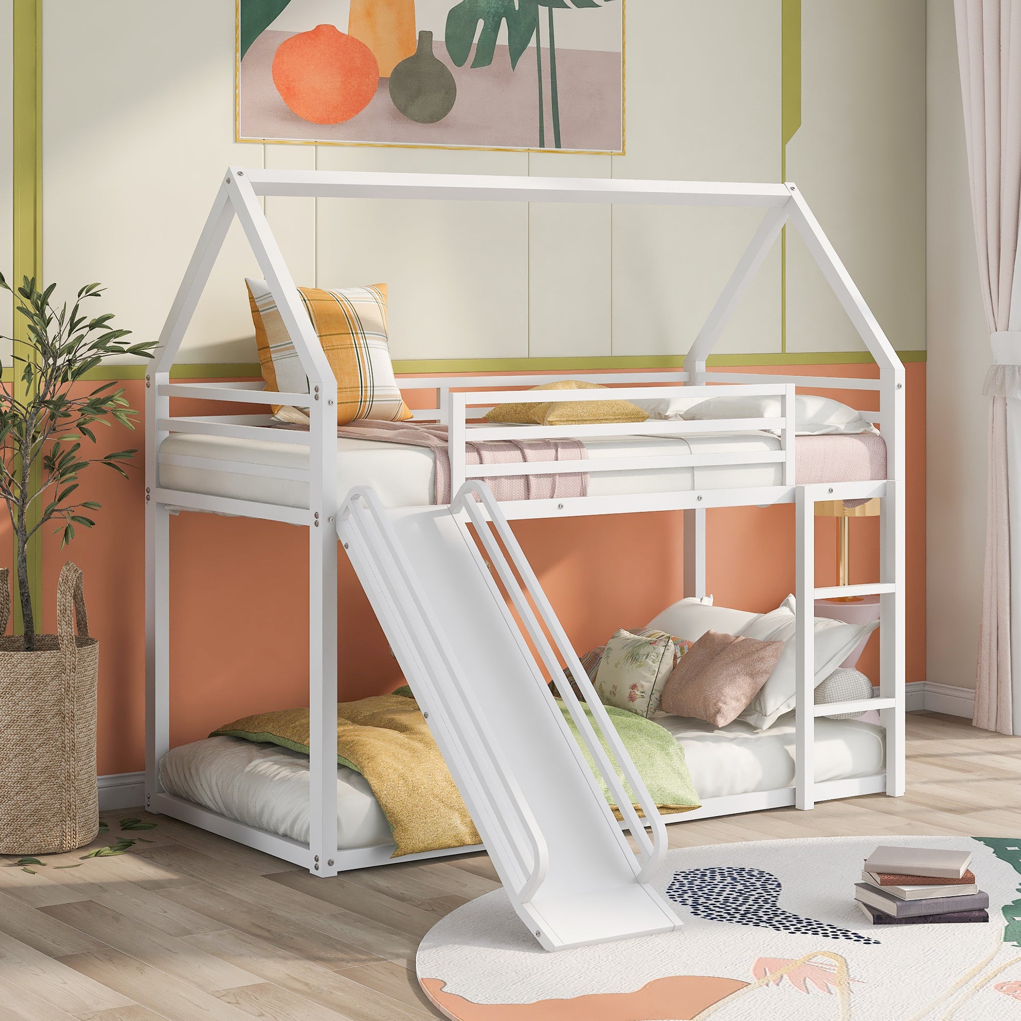 Zulah Twin over Twin House Bunk Bed with Ladder and Slide, White - Grand Goldman Shop