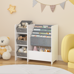 Kids Bookshelf and Toy Storage Organizer, Multifunctional 4-Tier White MDF Bookshelf with 3 Collapsible Fabric Drawers for Nu