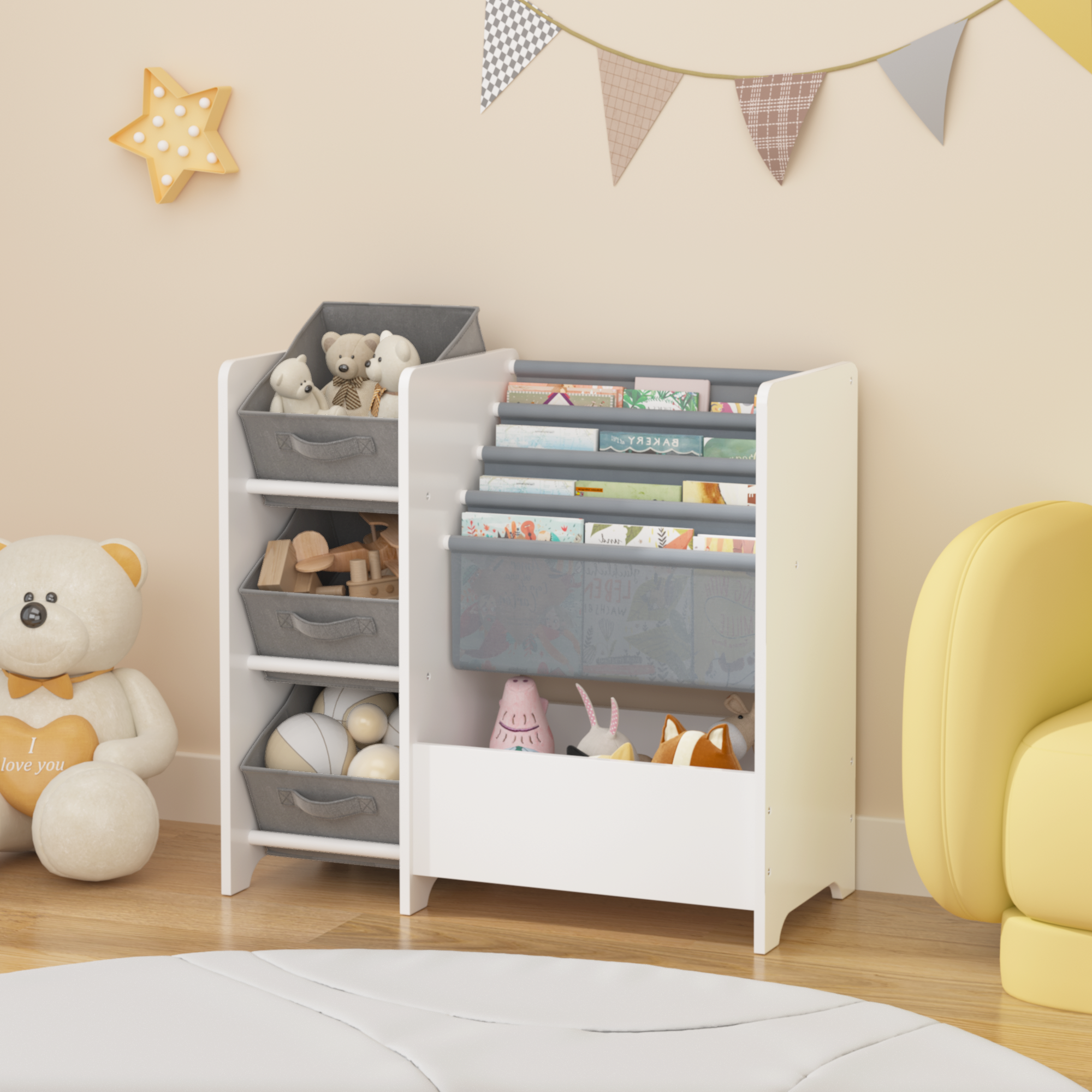 Kids Bookshelf and Toy Storage Organizer, Multifunctional 4-Tier White MDF Bookshelf with 3 Collapsible Fabric Drawers for Nu