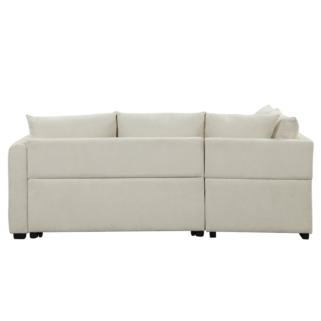 Modern L-shaped Sectional Pull Out Sofa Bed with USB Ports and Storage Ottoman, Beige, Jacquard Fabric, 82.6' - Grand Goldman Shop