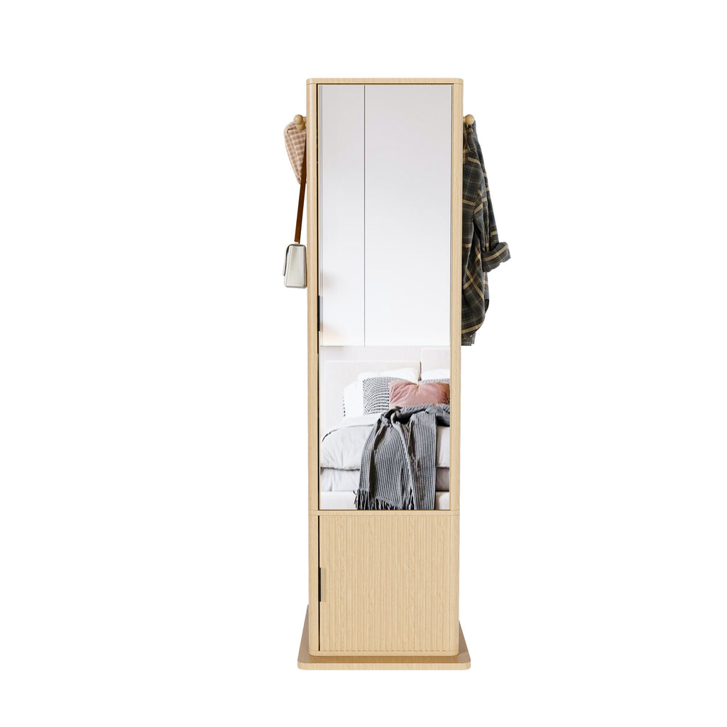 360° Rotating Makeup Cabinet in Walnut with Full-Length Mirror, Jewelry Storage, Coat Rack, 4 Open Shelves & 2 Built-In Shelves - Grand Goldman Shop