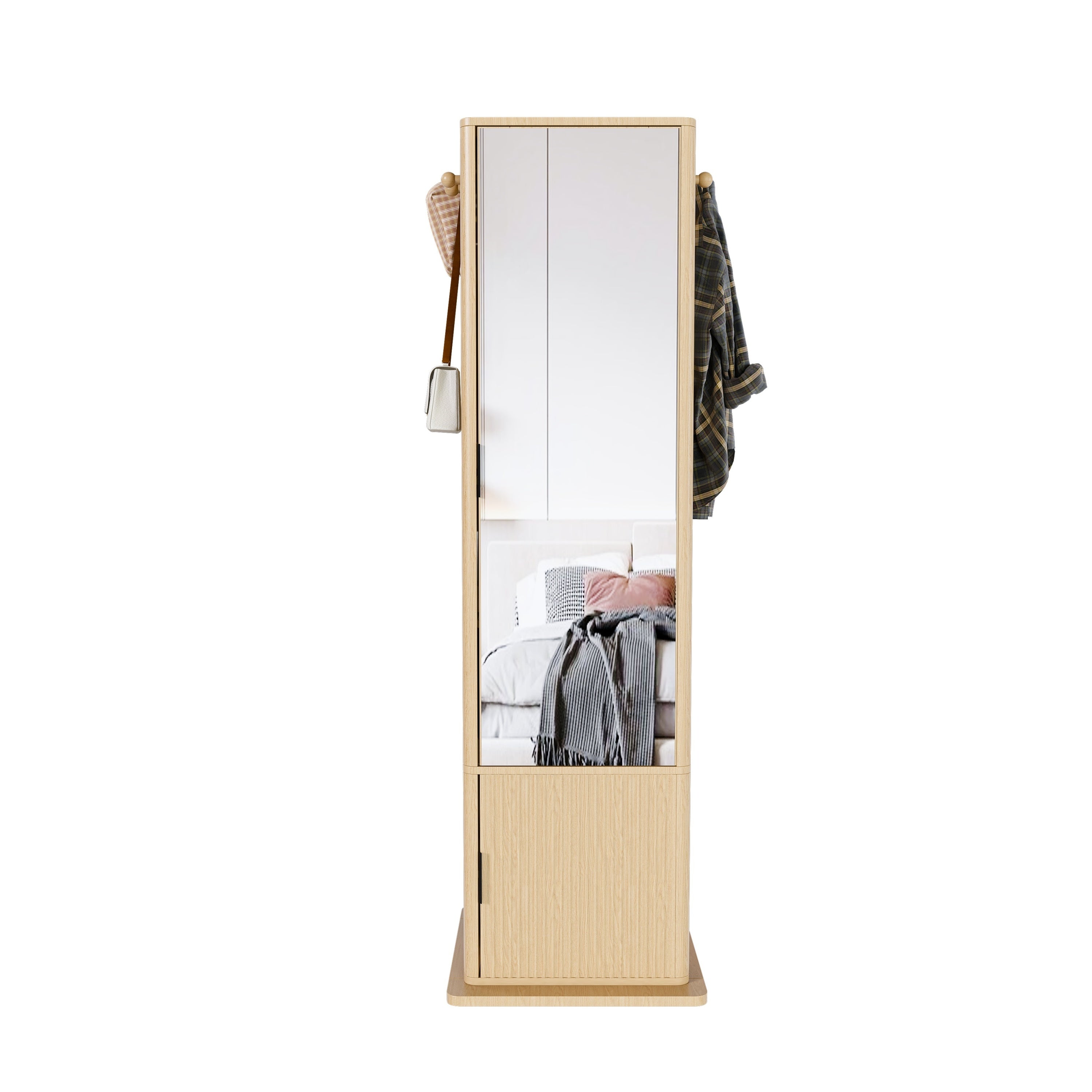 360° Rotating Makeup Cabinet in Walnut with Full-Length Mirror, Jewelry Storage, Coat Rack, 4 Open Shelves & 2 Built-In Shelves - Grand Goldman Shop