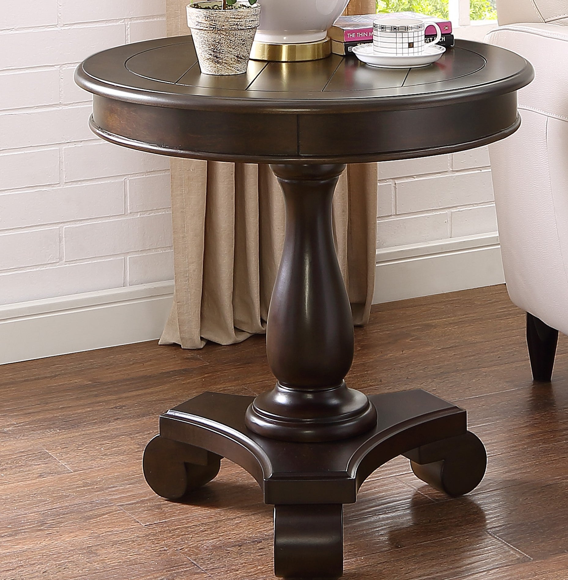 Rene Round Wood Pedestal Side Table, Espresso - Grand Goldman Shop
