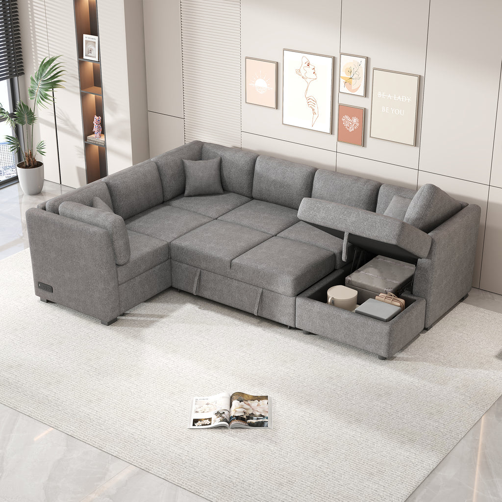 U-shaped Sectional Sofa Pull out Sofa Bed with USB Ports, Power Sockets, Storage Chaise, Light Gray Chenille, 108.6' - Grand Goldman Shop