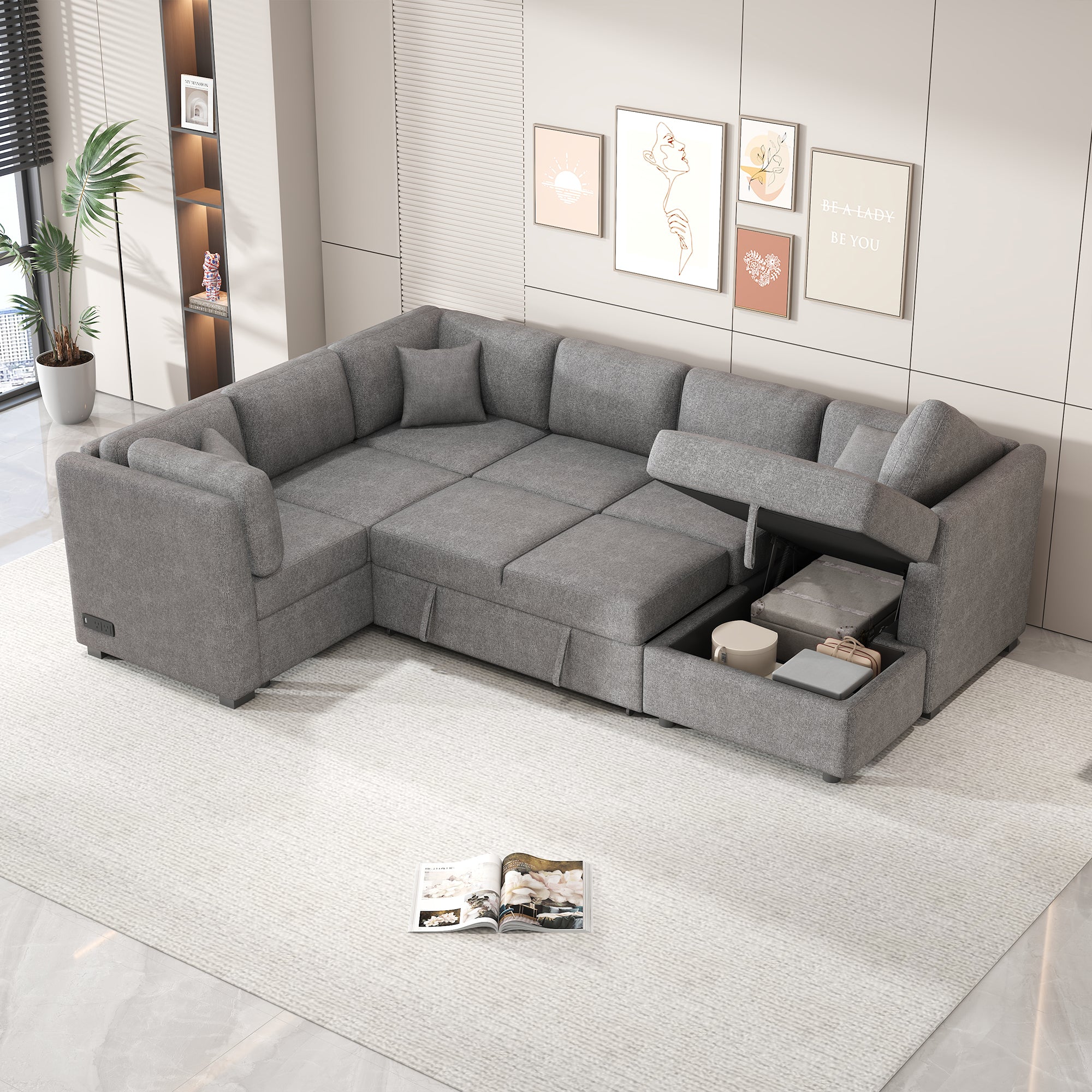 U-shaped Sectional Sofa Pull out Sofa Bed with USB Ports, Power Sockets, Storage Chaise, Light Gray Chenille, 108.6' - Grand Goldman Shop