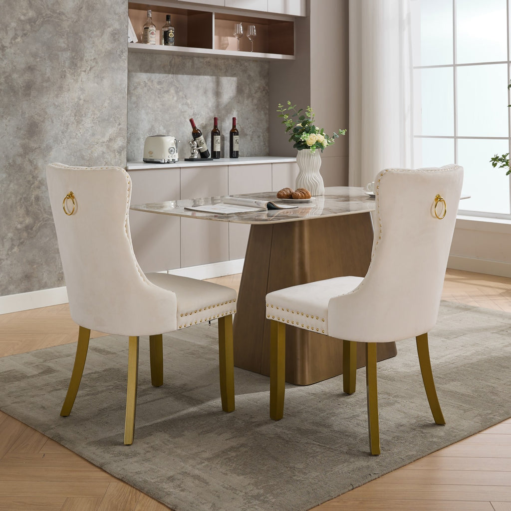 A&A Furniture, Nikki Collection Modern, High-end Tufted Solid Wood Contemporary Velvet Upholstered Dining Chair with golden Wood Legs Nailhead Trim 2-Pcs Set, Milky White,SW1401MW - Grand Goldman Shop