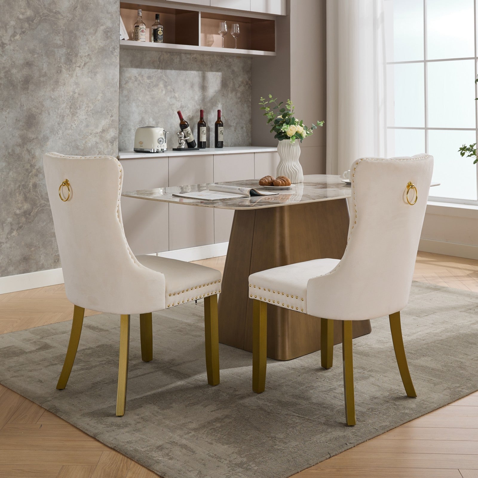 A&A Furniture, Nikki Collection Modern, High-end Tufted Solid Wood Contemporary Velvet Upholstered Dining Chair with golden Wood Legs Nailhead Trim 2-Pcs Set, Milky White,SW1401MW - Grand Goldman Shop