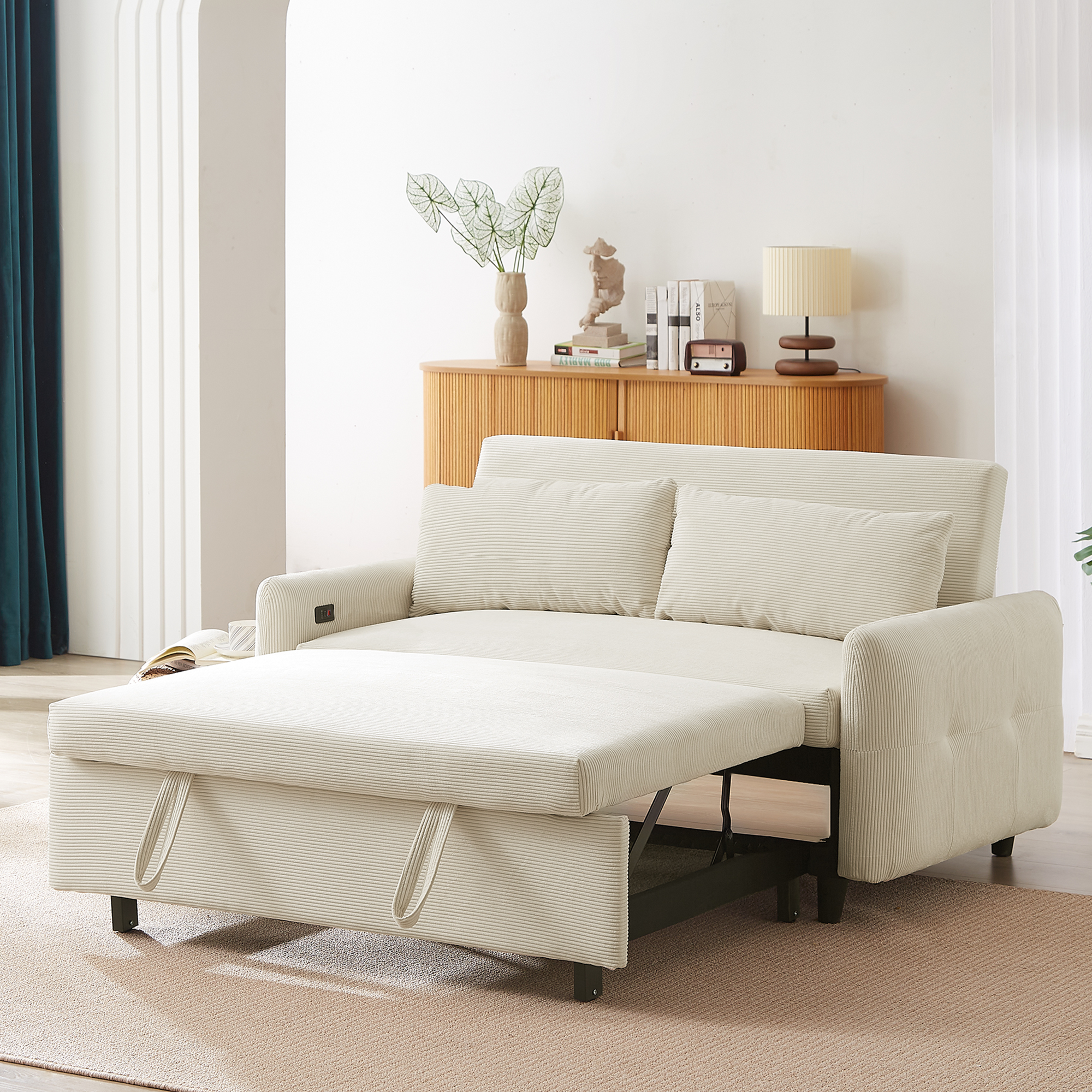 Modern Convertible Pull-out Sofa Bed with USB Ports and Pillows, Beige Corduroy, 57.48 inches - Grand Goldman Shop