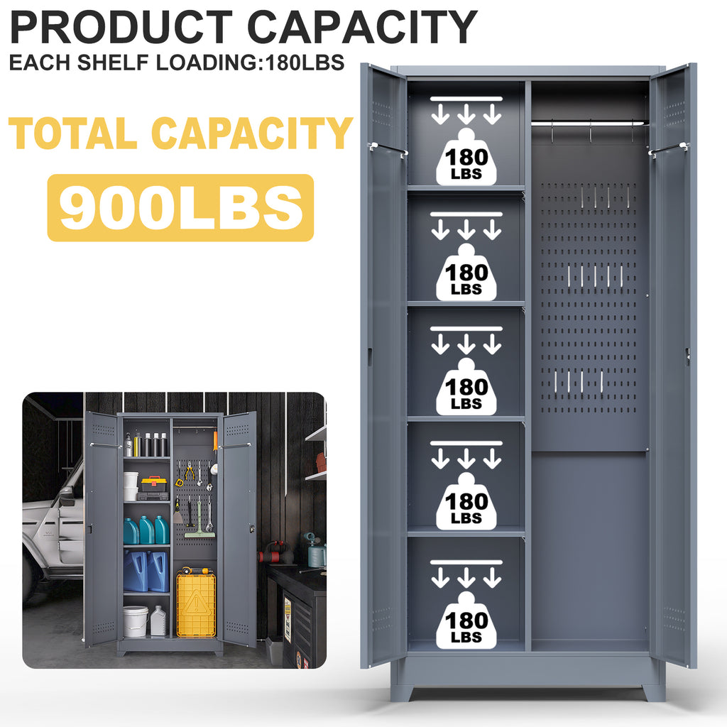 Gray And White Color Metal Lockers, Cleaning Tool Cabinets With Locking Doors, High Broom Tool Storage Cabinets, Adjustable S