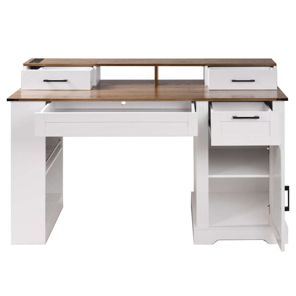 White Farmhouse Office Desk with Storage Cabinet, Charging Station, Monitor Stand & Pegboard, 55' Computer Writing Desk with 