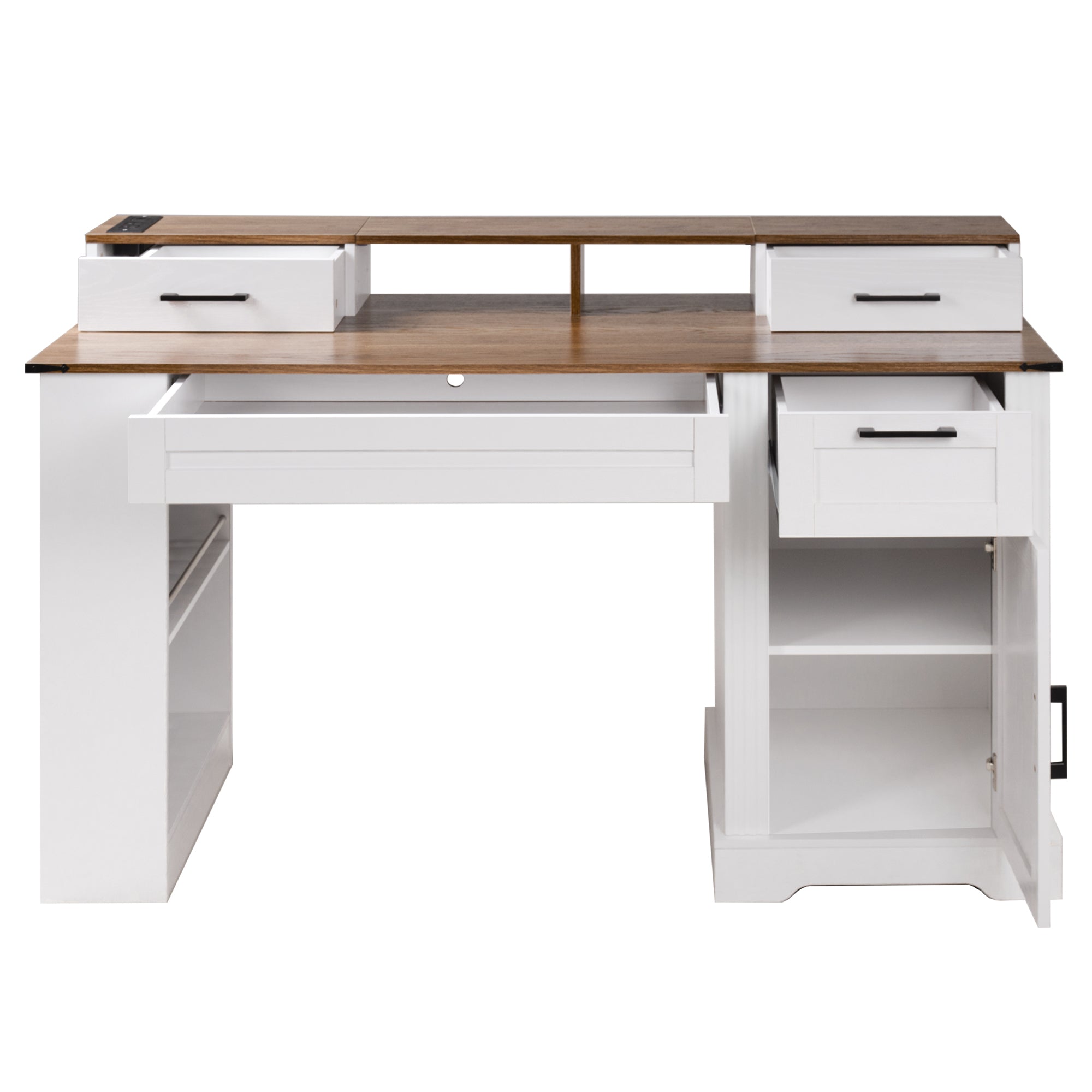 White Farmhouse Office Desk with Storage Cabinet, Charging Station, Monitor Stand & Pegboard, 55' Computer Writing Desk with 