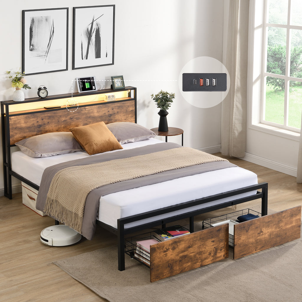 Full Size Bed Frame with Storage Headboard and 2 Drawers, LED Lights Bed with Charging Station, Metal Platform Bed No Noise, Mattress Foundation Strong Metal Slats Support No Box Spring Needed - Grand Goldman Shop