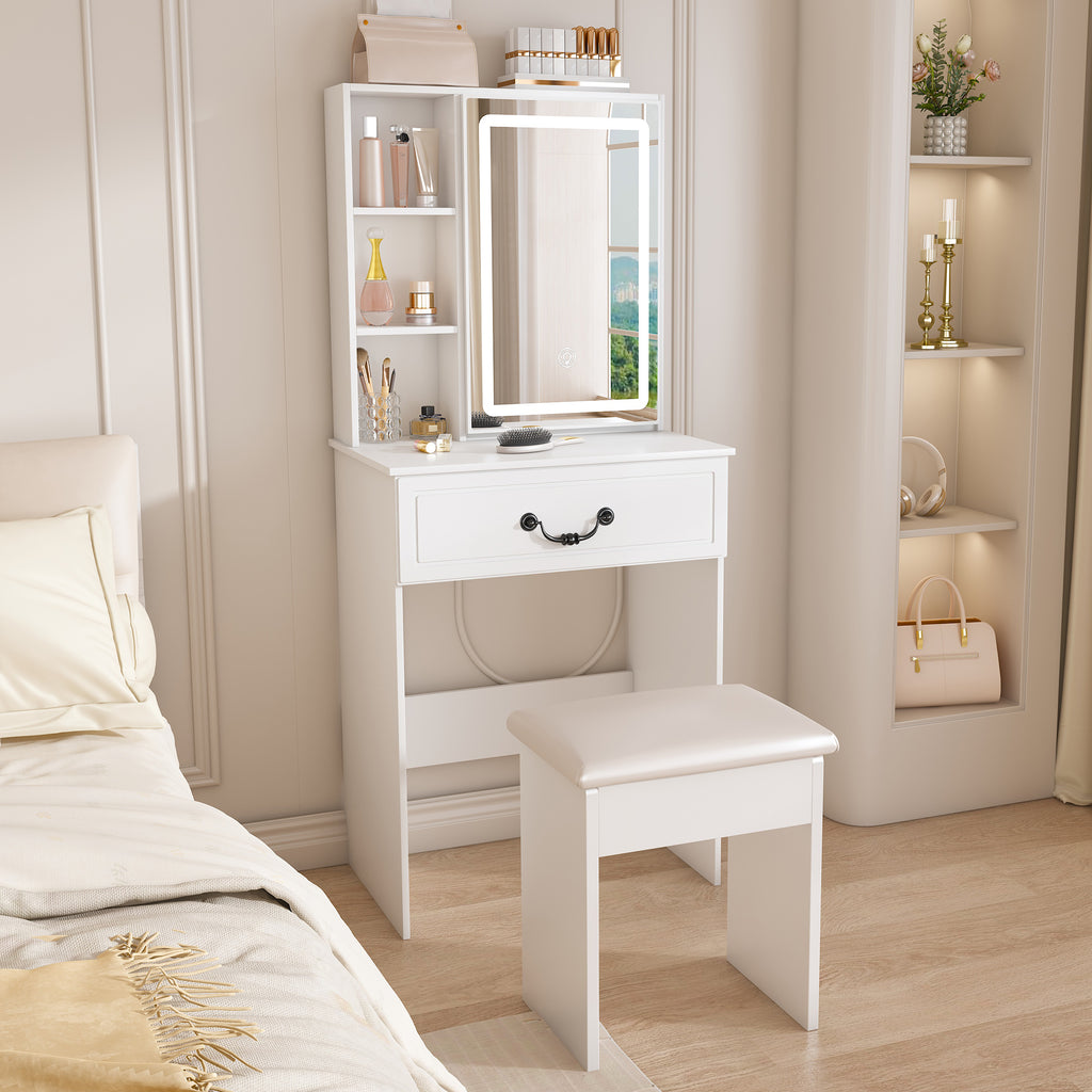 Modern Mini Dressing Table with LED-lit Mirror & Hidden Storage, Adjustable Brightness Vanity Desk, White - Grand Goldman Shop