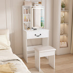 Modern Mini Dressing Table with LED-lit Mirror & Hidden Storage, Adjustable Brightness Vanity Desk, White - Grand Goldman Shop