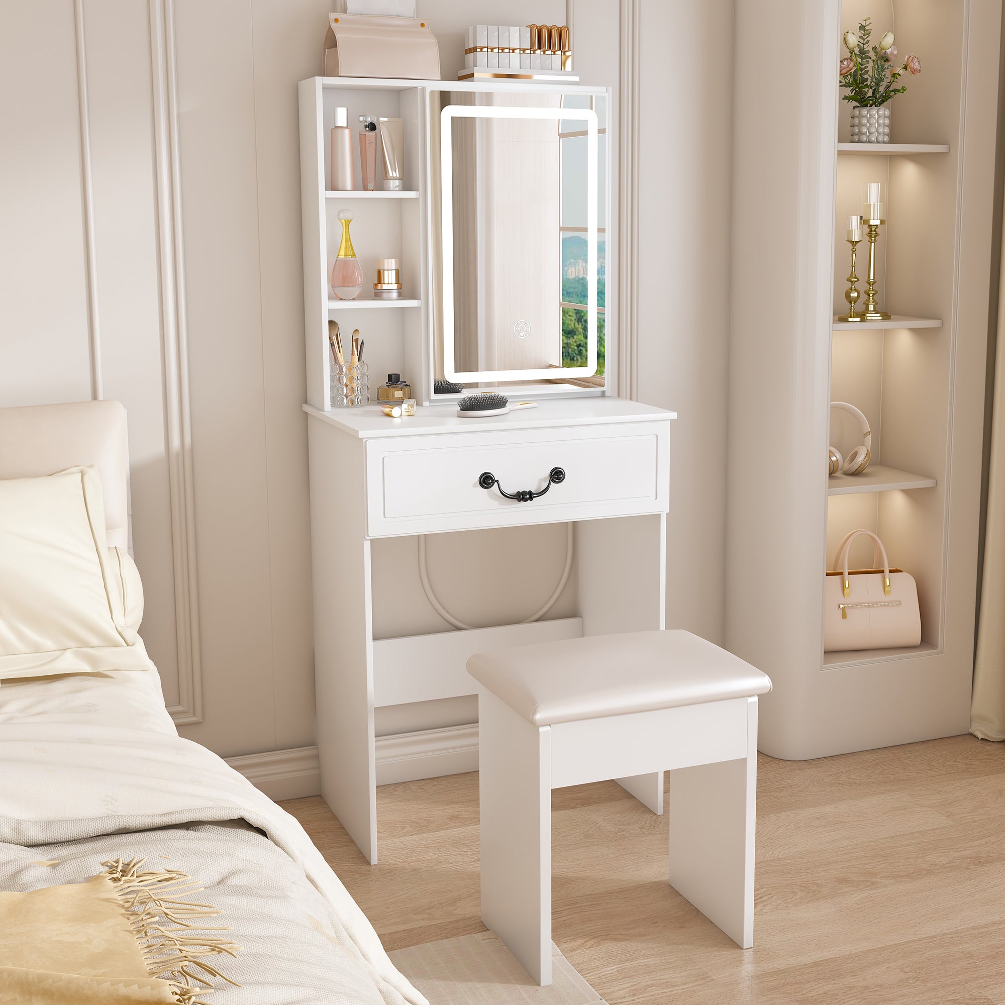 Modern Mini Dressing Table with LED-lit Mirror & Hidden Storage, Adjustable Brightness Vanity Desk, White - Grand Goldman Shop