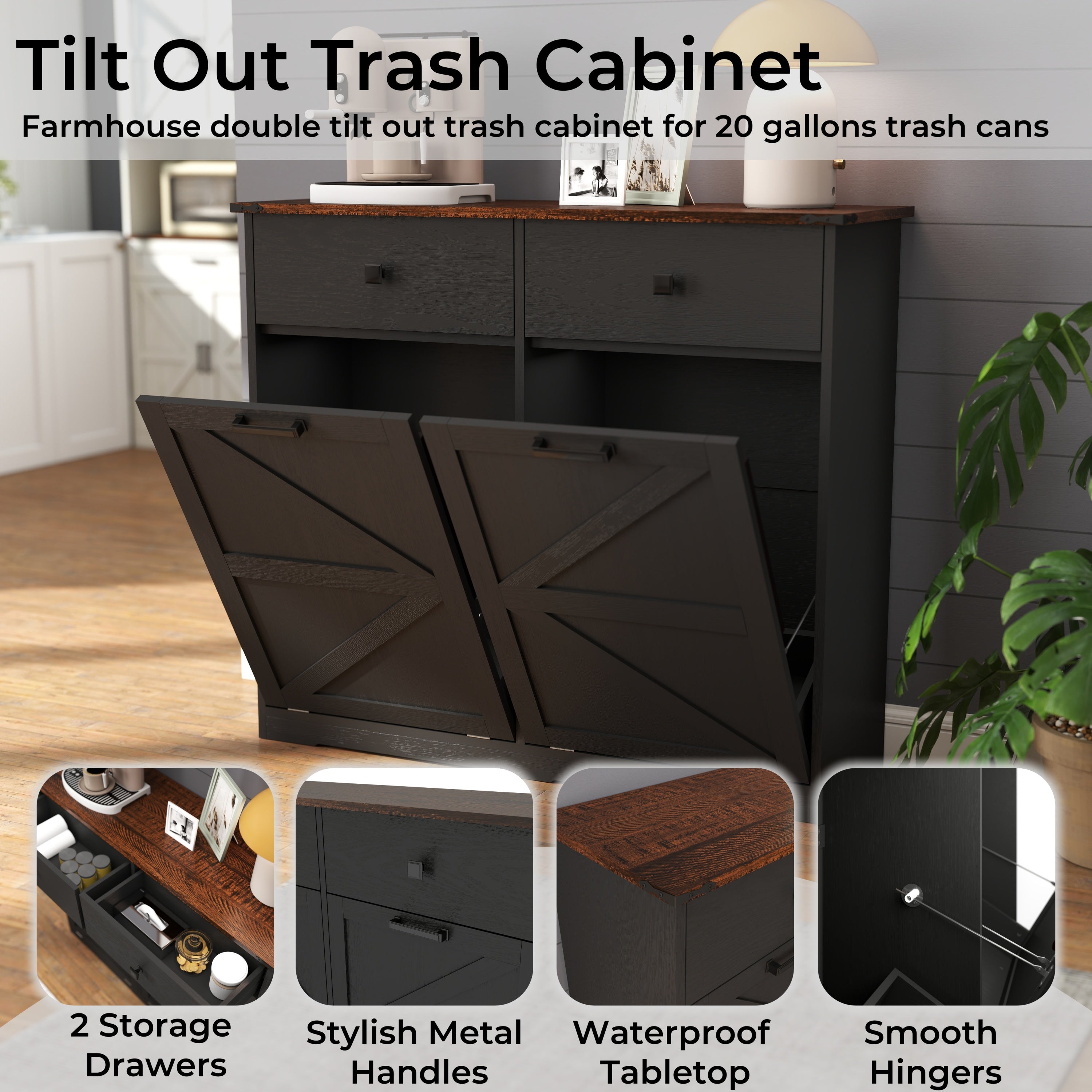 Farmhouse Black Double Tilt Out Trash Cabinet with Hideaway Drawer and Barn Door Style, Engineered Wood, 39.3''×13''×34.45'' - Grand Goldman Shop