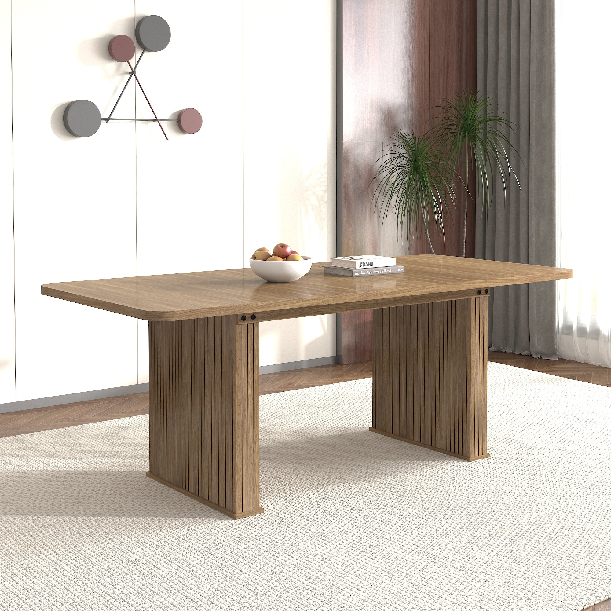 Modern Dining Table for 6-10 People, Wood Kitchen Table with Double Robust Pedestal, Wooden Dinner Table for Dining Room - Grand Goldman Shop