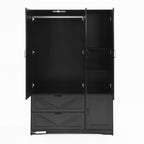 4 Doors Wardrobe Closet with Mirror, LED Wardrobe with Doors and 2 Drawers, Wooden Wardrobe Storage Cabinet with Hanging Rod, Adjustable Shelves, Black - Grand Goldman Shop