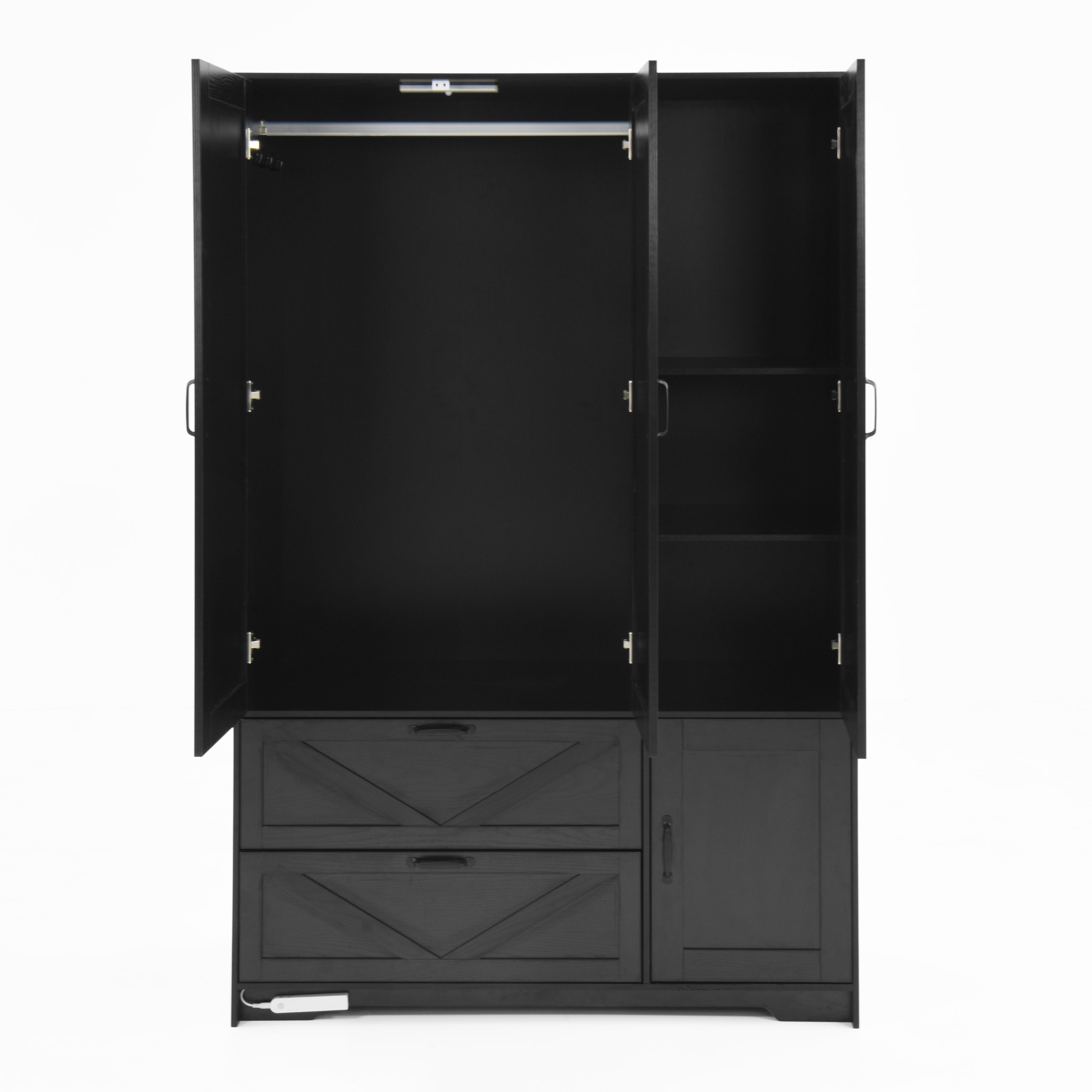 4 Doors Wardrobe Closet with Mirror, LED Wardrobe with Doors and 2 Drawers, Wooden Wardrobe Storage Cabinet with Hanging Rod, Adjustable Shelves, Black - Grand Goldman Shop