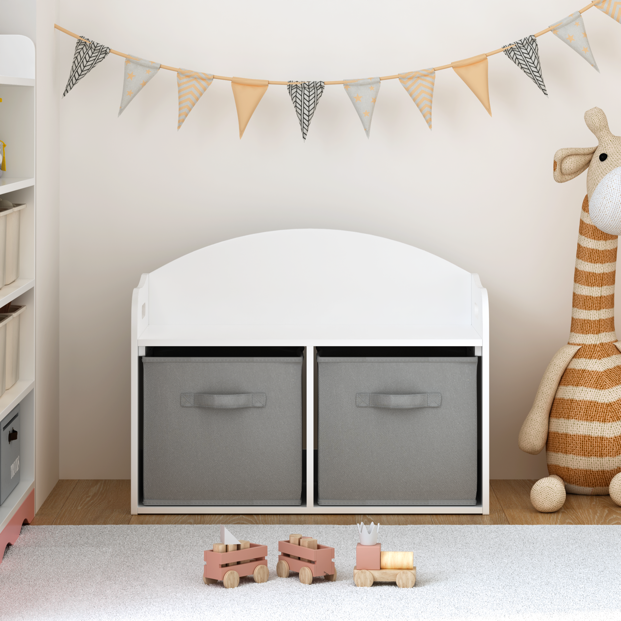 Kids Wooden Toy Box Bench with Collapsible Fabric Drawers, White MDF Storage Cabinet Organizer, 24.6 x 11.8 x 19.1 inches - G