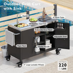 K&K 55.5' Outdoor Kitchen Island with Sink, Metal Grill Cart Table with 304 Stainless Steel Sink, Outdoor Bar Cart Sink Station with 4 Lockable Wheels for Pizza Prep & BBQ, L 55.5' x W 20' H 36.7' - Grand Goldman Shop