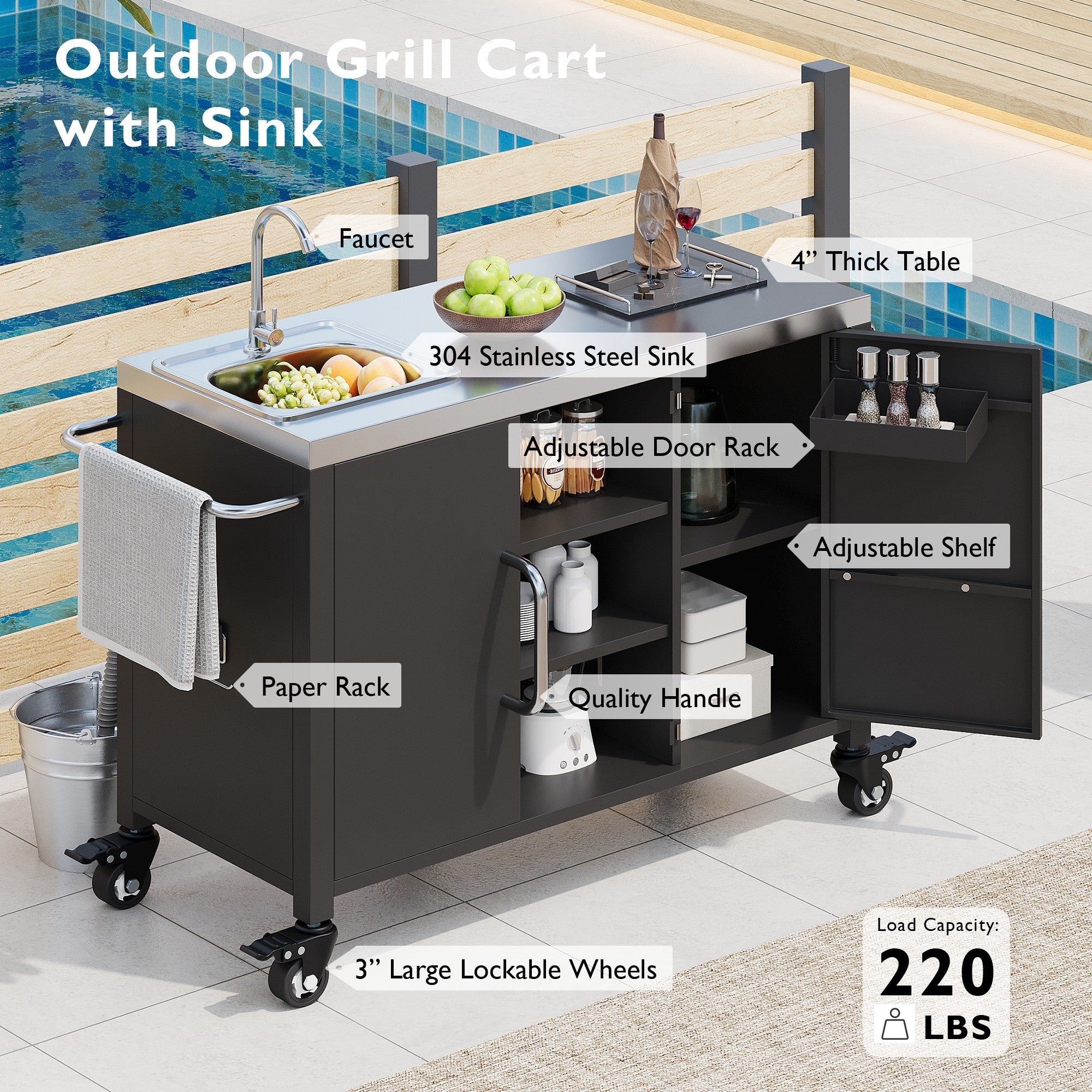 K&K 55.5' Outdoor Kitchen Island with Sink, Metal Grill Cart Table with 304 Stainless Steel Sink, Outdoor Bar Cart Sink Station with 4 Lockable Wheels for Pizza Prep & BBQ, L 55.5' x W 20' H 36.7' - Grand Goldman Shop