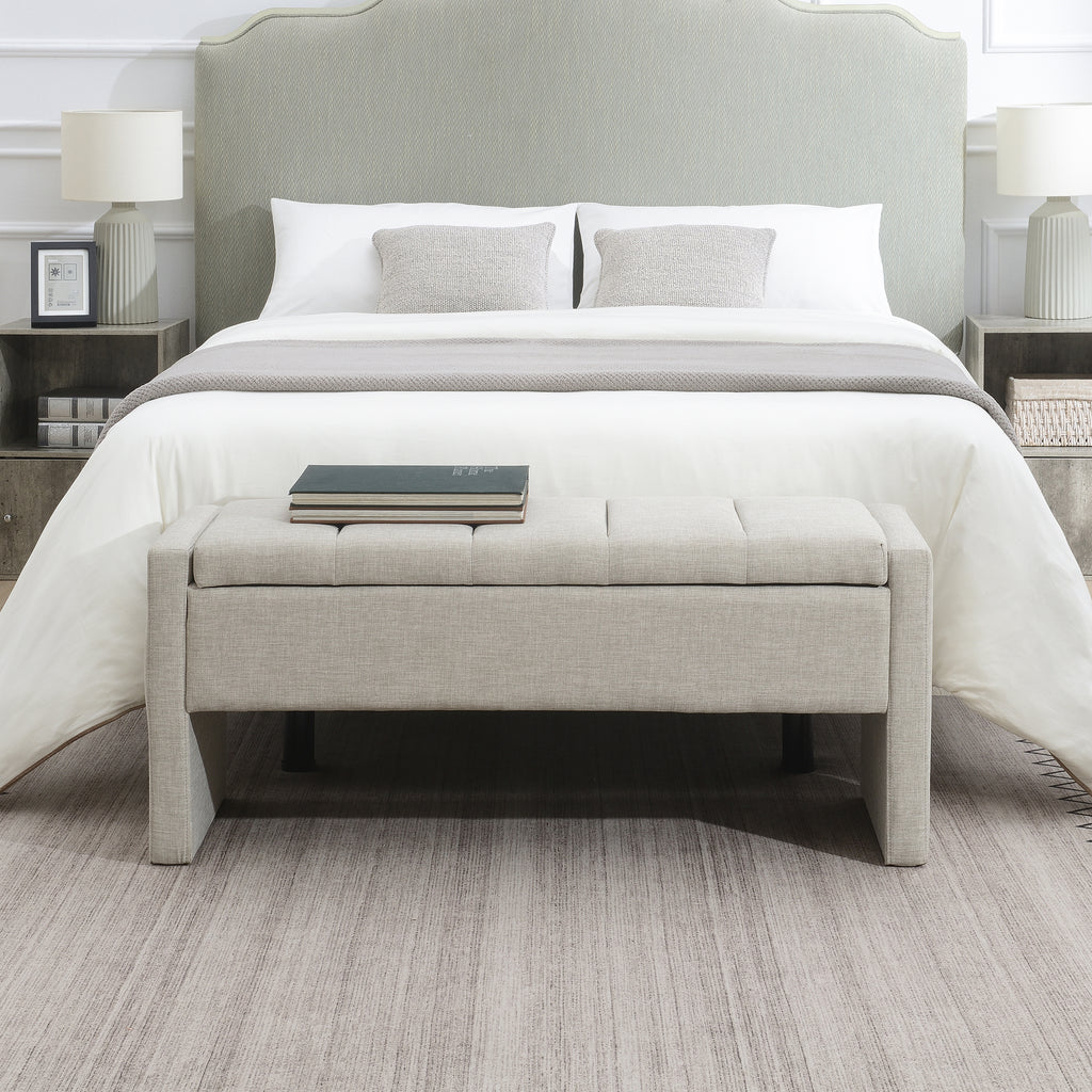 Modern Upholstered Bed End Bench with Storage, Comfy Light Grey Linen Foot Rest for Living Room and Bedroom - Grand Goldman Shop