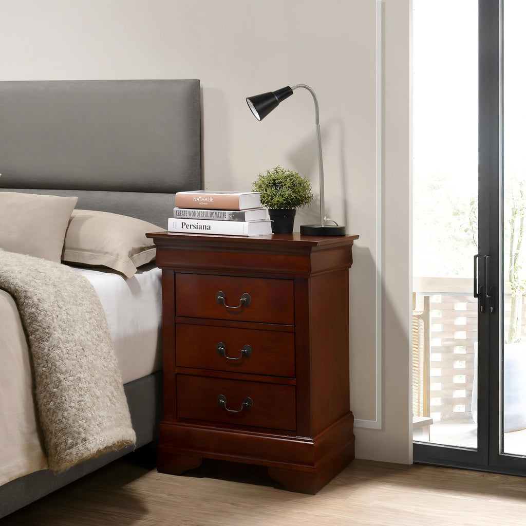 Elegant Nightstand with Three Drawers Cherry Finish Particle Board 29x21x16 Inches - Grand Goldman Shop