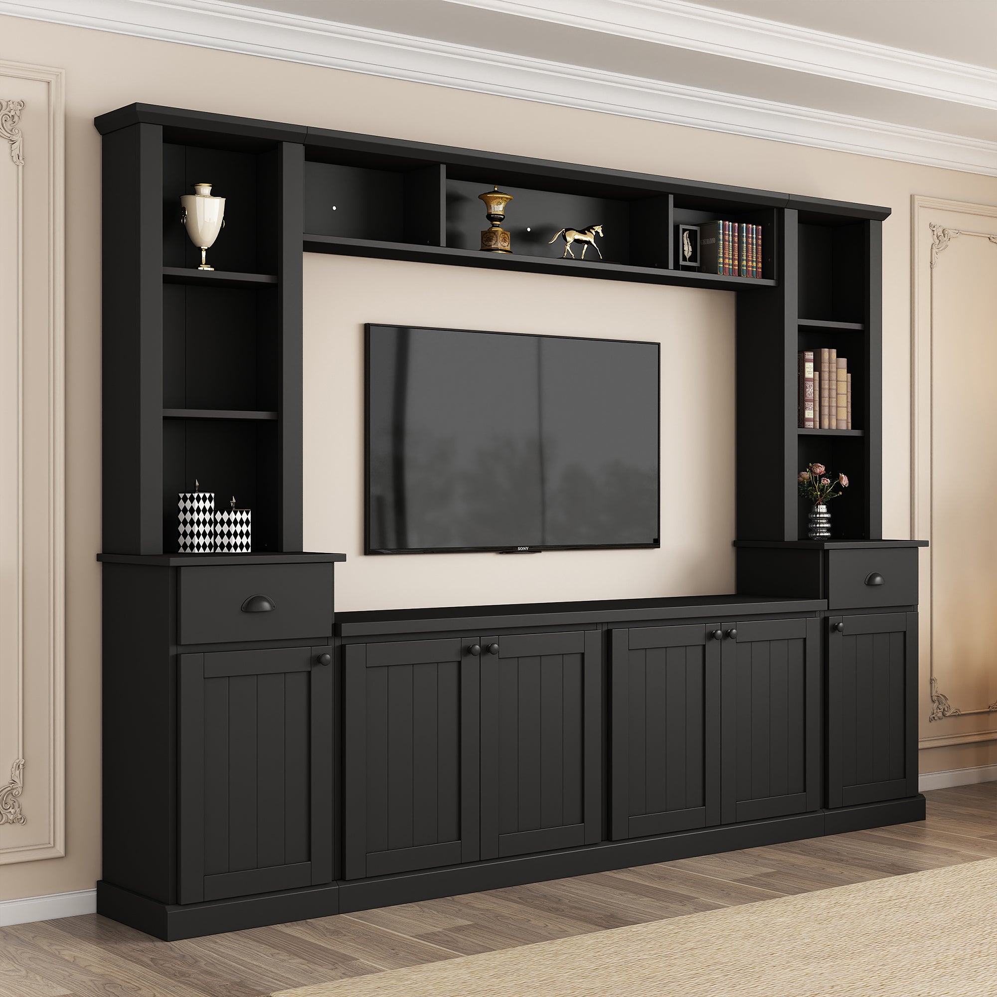 Minimalist Entertainment Wall Unit Set with Bridge for TVs Up to 75'', Ample Storage Space TV Stand with Adjustable Shelves, Modernist Large Media Console for Living Room, Black - Grand Goldman Shop
