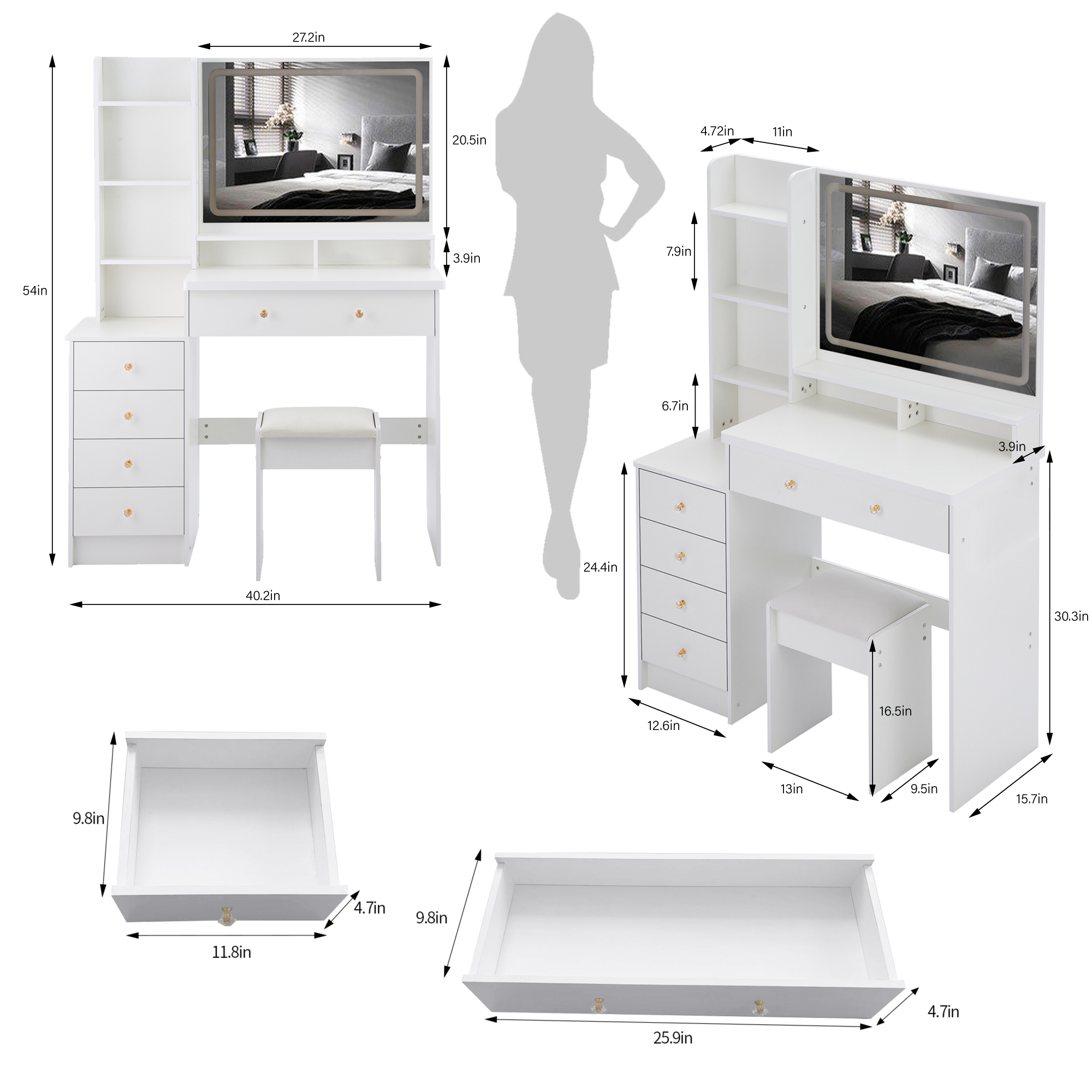 41' Large Sized Bedside Cabinet Vanity Table + Cushioned Stool, Extra Large Touch Control LED Mirror, 3-color Switch, Multi Layer High Capacity Storage Fashionable Dresser, EPA, GCC, UL Certificate - Grand Goldman Shop