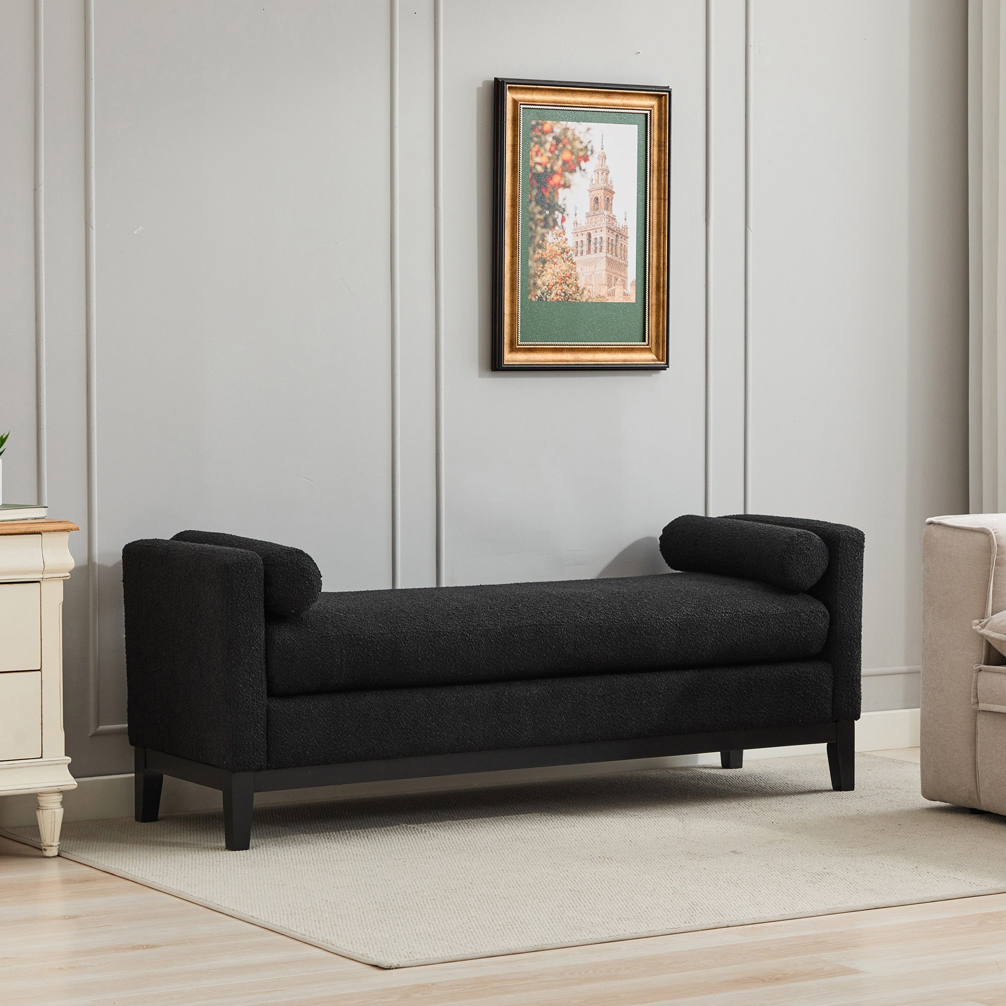 Elegant Upholstered Bench, Daybed, Ottoman with Wood Legs & 2 Bolster Pillows, Black Boucle, 66.34' - Grand Goldman Shop