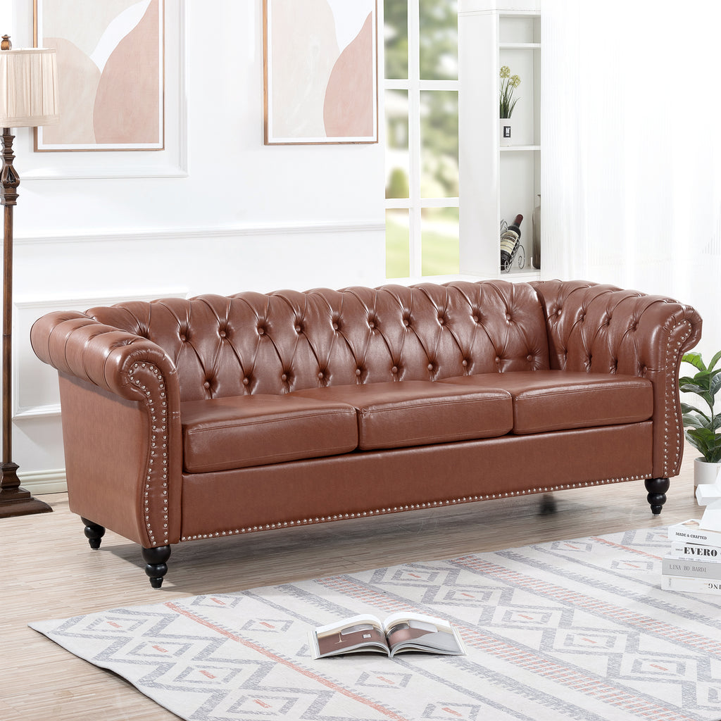 Classic Chesterfield Three Seater Sofa Brown PU Leather with Rolled Arms and Birch Legs 84.65 Inches - Grand Goldman Shop