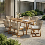 7-teiliges Outdoor-Gartentisch-Set, Akazienholz-Tisch & 6 Korbstühle mit beigen Kissen, Teak-Finish Witterungsbeständiges Terrassenmöbel-Set für Garten, Hof, Veranda