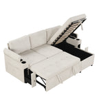 Convertible L-shaped Beige Sofa Couch with Storage, Cup Holders, USB Ports, Chenille Fabric - Grand Goldman Shop