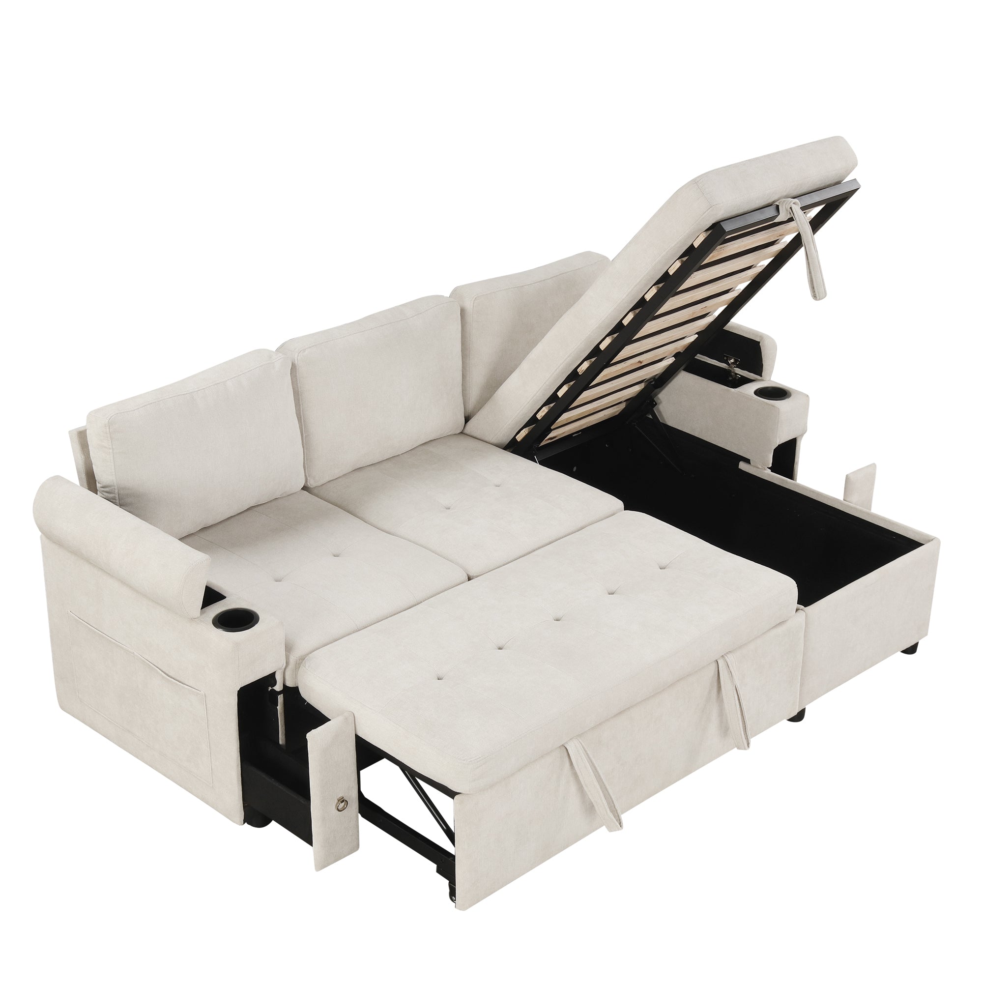 Convertible L-shaped Beige Sofa Couch with Storage, Cup Holders, USB Ports, Chenille Fabric - Grand Goldman Shop