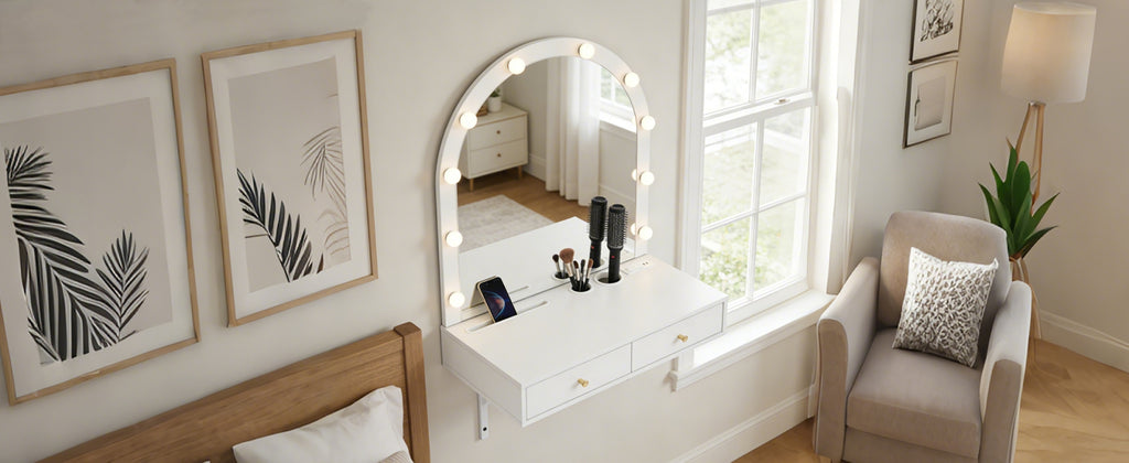 Floating Makeup Vanity Desk with Mirror & 3-Color Lights, Wall Dressing Table with Power Outlet, Compact vanity, Large Storage, White - Grand Goldman Shop