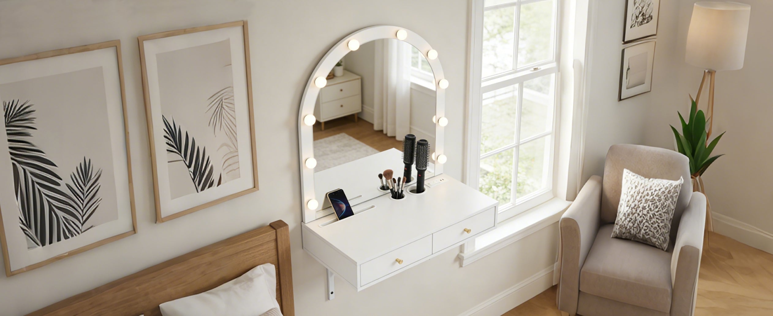 Floating Makeup Vanity Desk with Mirror & 3-Color Lights, Wall Dressing Table with Power Outlet, Compact vanity, Large Storage, White - Grand Goldman Shop