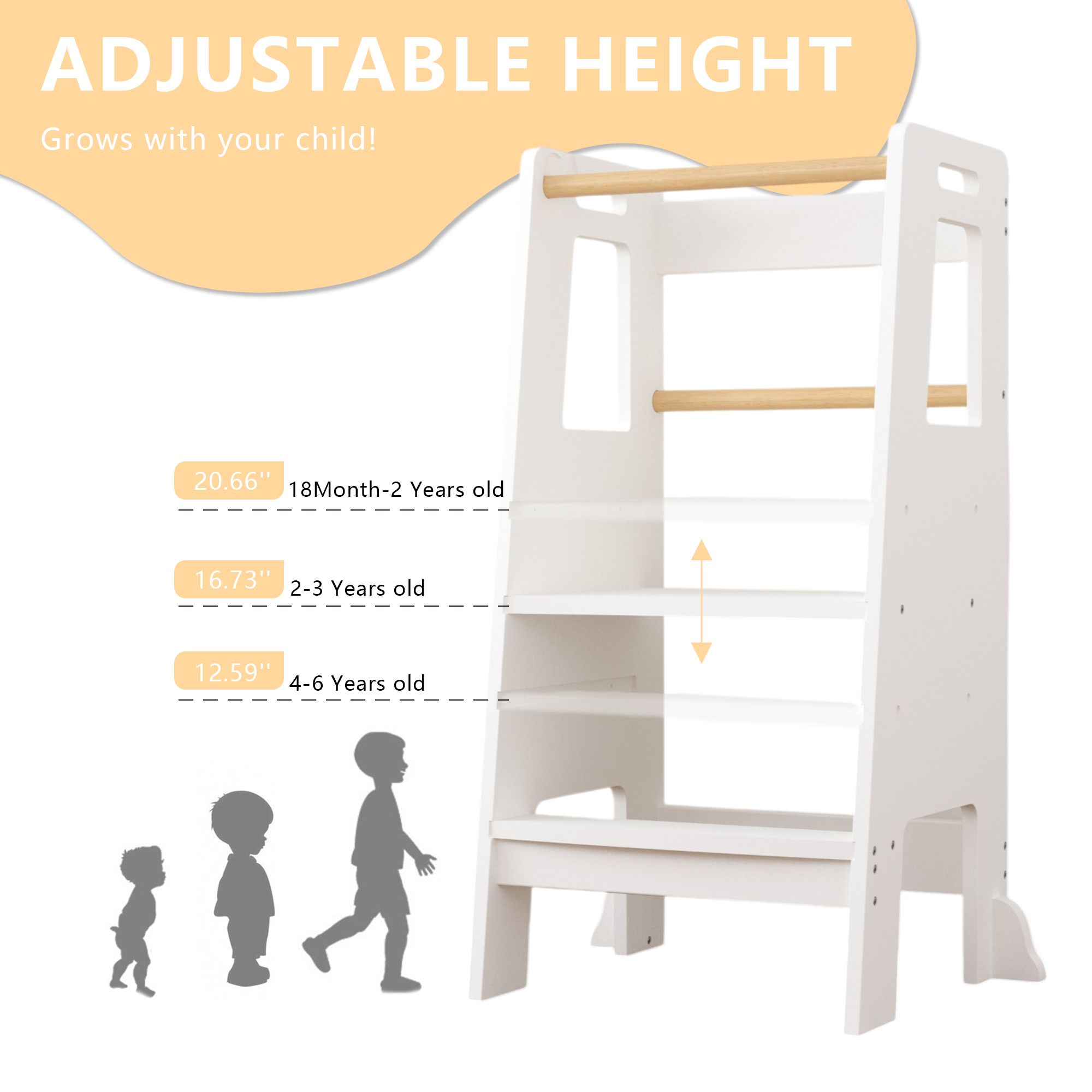 Kids Standing Tower, Child Kitchen Step Stool Toddler Wood Stepping Stool - Children's Montessori Stool - Adjustable Height, 