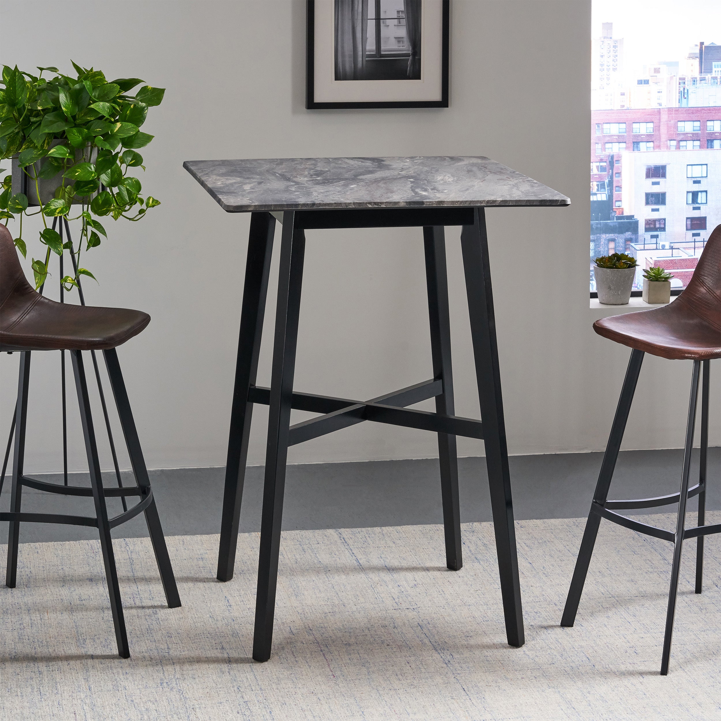 Modern Bar Height 42' Dining Table, Rubberwood Legs and Laminate Table Top, Paladina Marble Finish, Black - Grand Goldman Shop