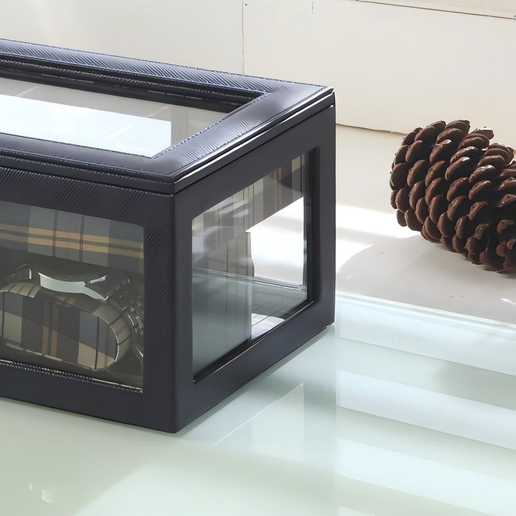 9.8' Long Tempered Glass and Leather Jewelry Case / Watch Display, Blue - Grand Goldman Shop