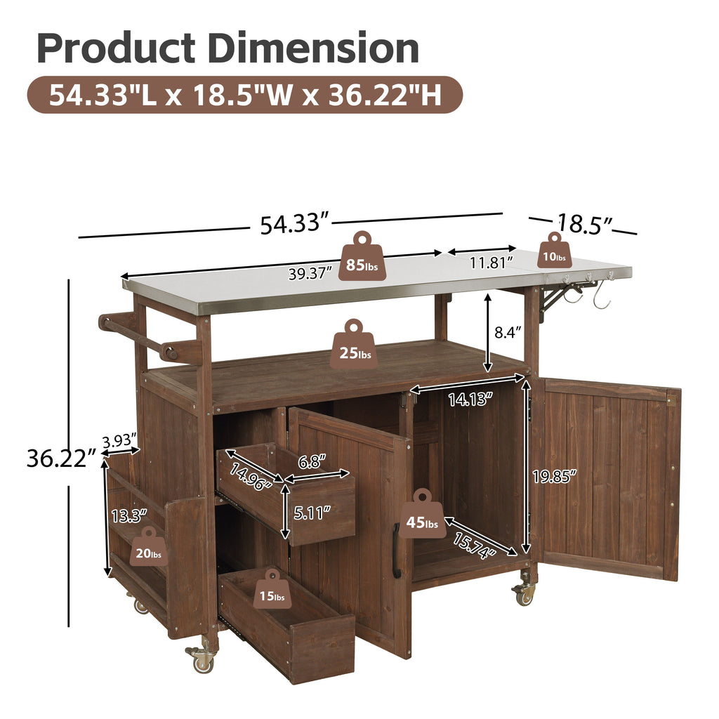 54.33' Farmhouse Rolling Outdoor Kitchen Cart, Solid Wood Frame with Stainless Steel Top, Spice Rack, Towel Rack, Lockable Wheels & Multi-Functional Storage for Patio, Backyard BBQ & Kitchen - Grand Goldman Shop