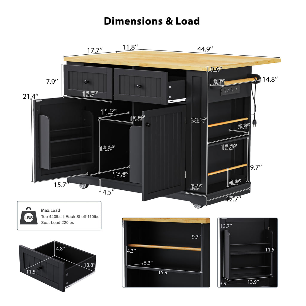 48 inch Kitchen Island with Drop Leaf,Power Outlet,Internal Storage Rack,Rolling Kitchen Storage Cart on 5 Wheels with 5 Open Side Racks,for Kitchen,Black (Old SKU N707P257057B)(Not Include Stools) - Grand Goldman Shop
